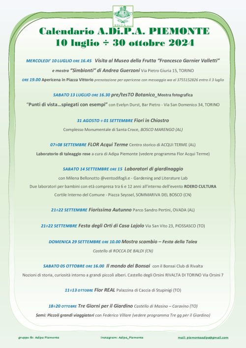 A.Di.P.A. Sezione Piemonte: calendario eventi aggiornato dal 10 luglio al 20 ottobre 2024
