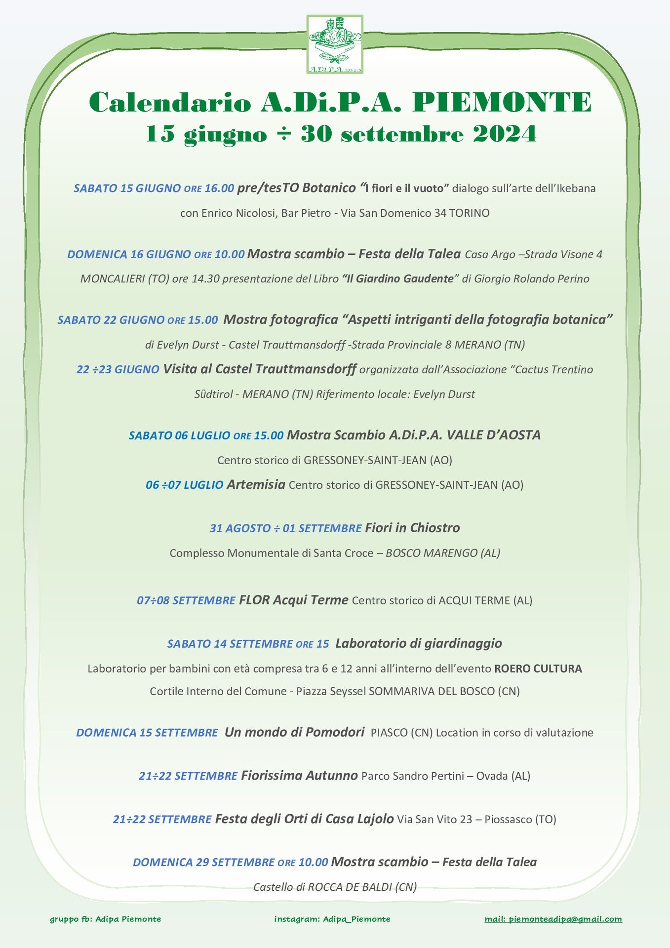 A.Di.P.A. Sezione Piemonte: calendario eventi dal 15 giugno al 30 settembre 2024
