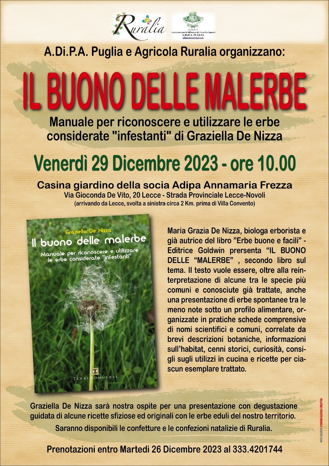 A.Di.P.A. Sezione Puglia: presentazione libro “Il buono delle malerbe” di M. G. De Nizza