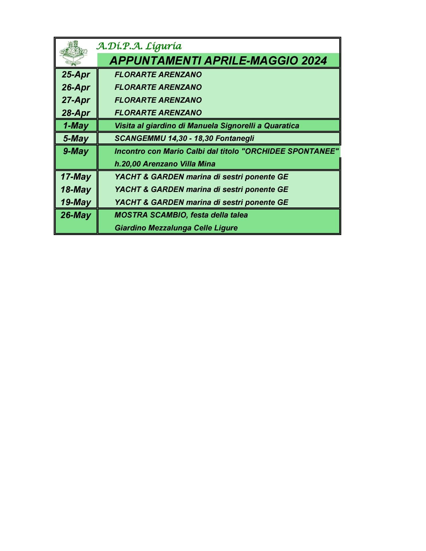 A.Di.P.A. Sezione Liguria: programma eventi fine aprile – maggio 2024