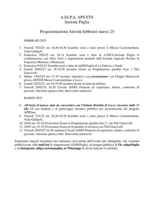 A.Di.P.A. Sezione Puglia: programma eventi febbraio-marzo 2025