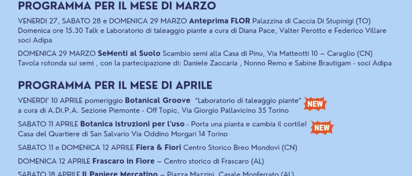 Calendario sezione Piemonte Marzo Aprile Maggio 2026