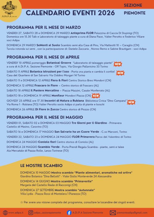 Calendario sezione Piemonte Marzo Aprile Maggio 2026