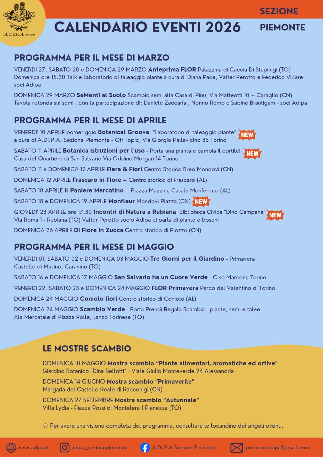 Calendario sezione Piemonte Marzo Aprile Maggio 2026