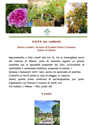 Sabato 10 ottobre 2026 Mostra Scambio incontro di scambio piante d’autunno presso Villa Lonati tra le meravigliose serre di Milano