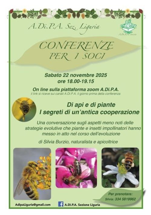 A.Di.P.A. Sezione Liguria conferenza: “Di api e di piante. I segreti di un’antica cooperazione
