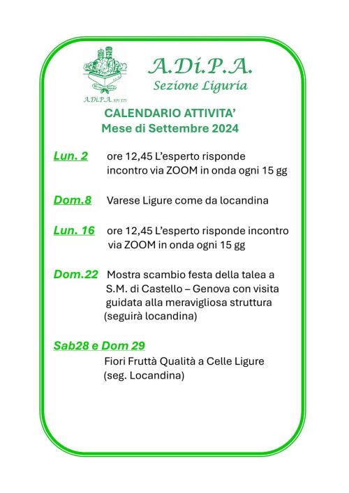 A.D.I.P.A. Sezione Liguria: on-line il PROGRAMMA di settembre 2024!!!
