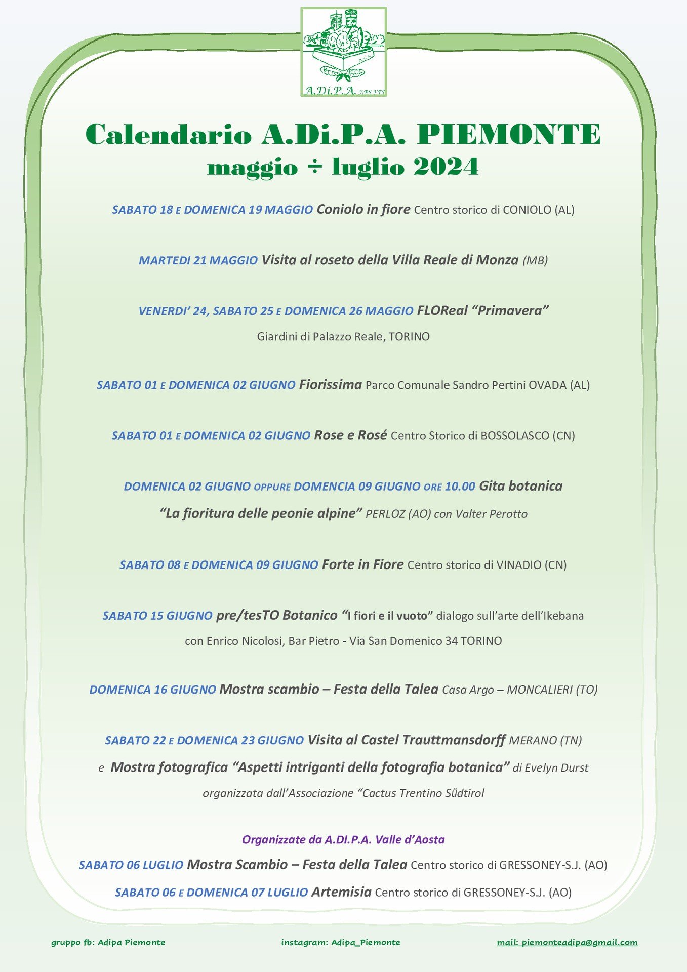 A.Di.P.A. Sezione Piemonte: calendario eventi aggiornato fino al 07 luglio 2024