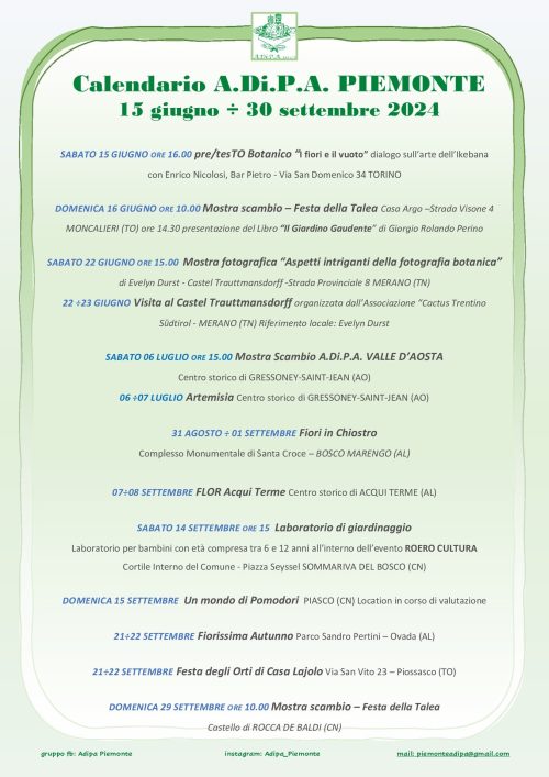 A.Di.P.A. Sezione Piemonte: calendario eventi in programma dal 15 giugno al 30 settembre 2024