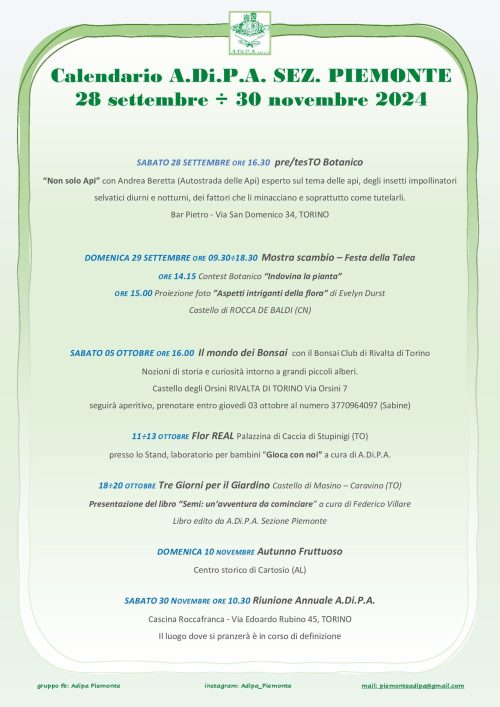 A.Di.P.A. Sezione Piemonte: calendario eventi aggiornato fino al 30 novembre 2024