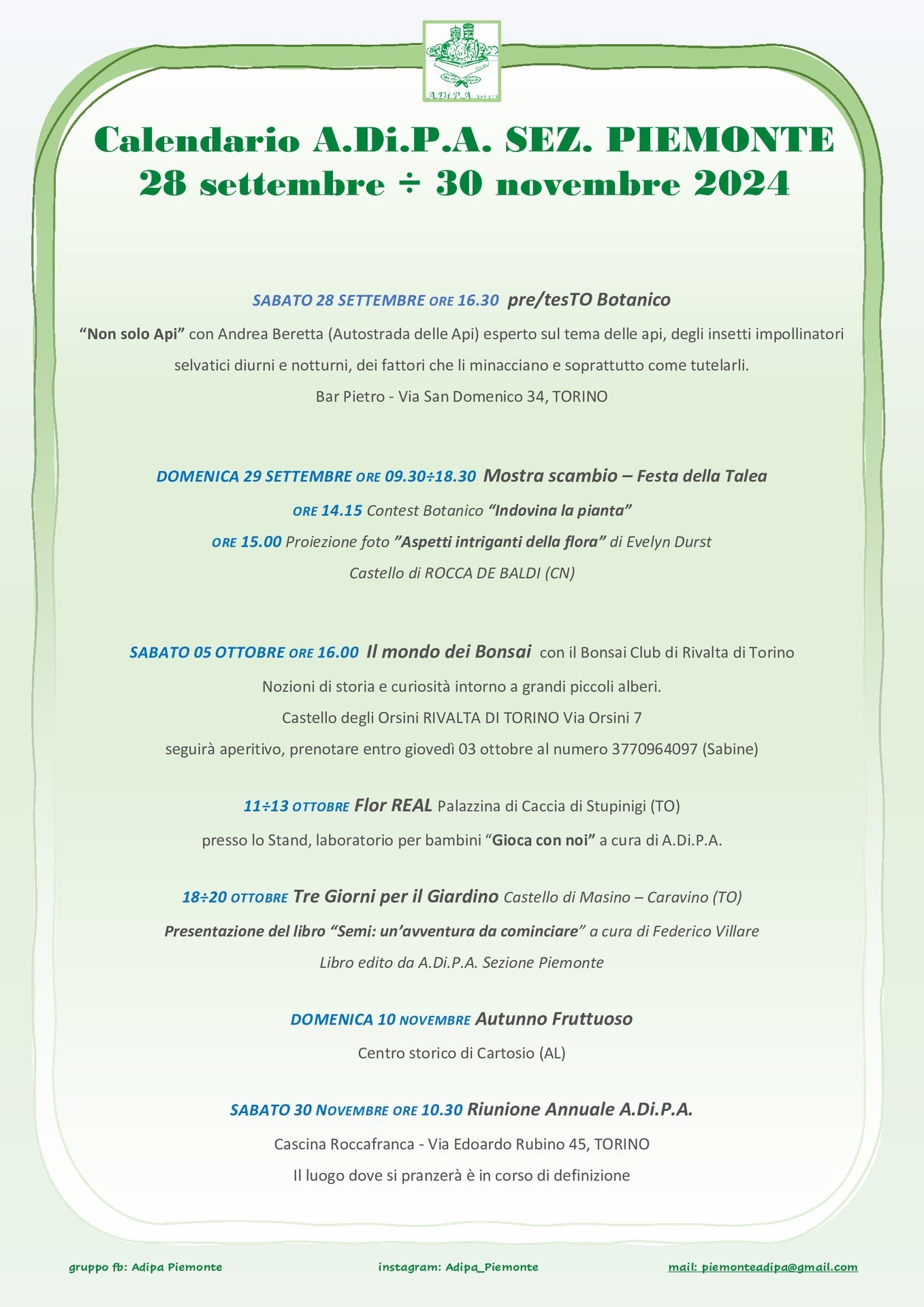 A.Di.P.A. Sezione Piemonte: calendario eventi aggiornato fino al 30 novembre 2024