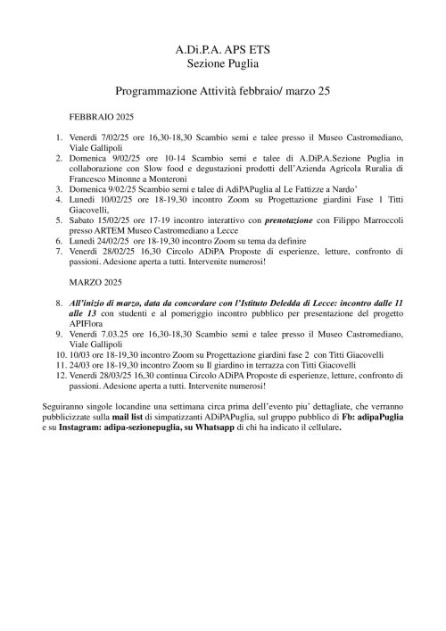 A.Di.P.A. Sezione Puglia: programma eventi febbraio-marzo 2025
